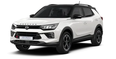 SUV blanco con techo negro de tres cuartos delanteros y matrícula de Avanti Renting