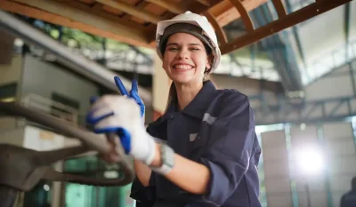 Autónoma sonriendo en su taller