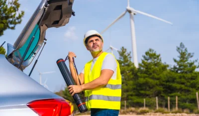Trabajador con casco y chaleco amarillo junto al maletero abierto de un coche, con aerogeneradores al fondo