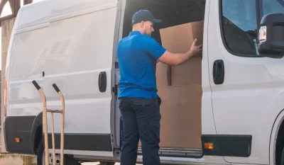 Hombre con camiseta azul y gorra descargando cajas de una furgoneta blanca con carretilla
