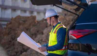 Trabajador con casco blanco y chaleco amarillo revisando planos junto al maletero de un coche azul oscuro