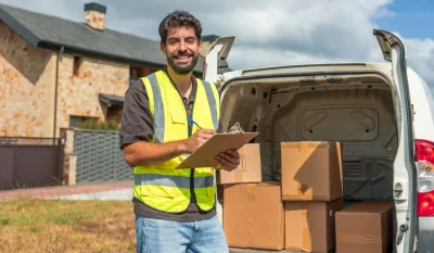 Hombre sonriente con chaleco amarillo y portapapeles junto a una furgoneta con cajas en el maletero