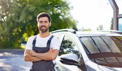 Hombre con mono de trabajo y brazos cruzados apoyado junto a un coche blanco en un parque