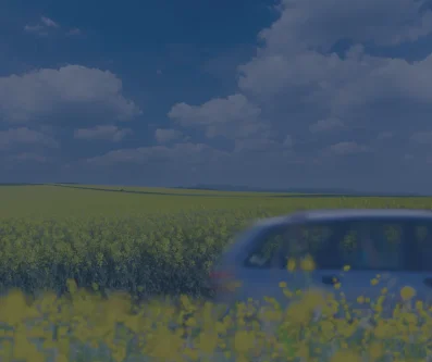 Coche azul aparcado al borde de un campo de flores amarillas bajo un cielo con nubes