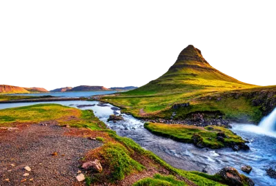 Colina verde con cascada y río de aguas claras bajo un cielo despejado