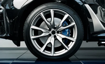 Llanta de aleación de cinco radios plateados con pinza azul en un coche negro
