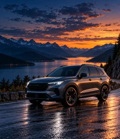 SUV oscuro en carretera junto al mar con montañas, bajo un cielo azul con tonos anaranjados