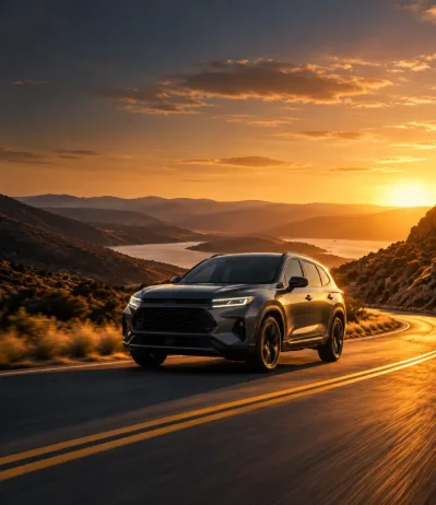 SUV gris en carretera de montaña al atardecer, con el sol dorado en el horizonte