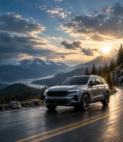 SUV plateado en carretera de montaña con nubes oscuras y un valle al fondo