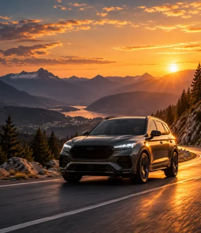 SUV oscuro en carretera de montaña al atardecer, con cordillera y cielo naranja