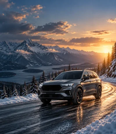 SUV gris oscuro en una carretera de montaña nevada al amanecer, con bosque a un lado