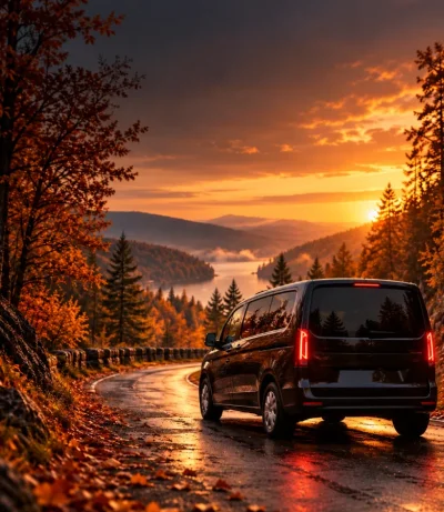 Furgoneta por una carretera de montaña en otoño al atardecer