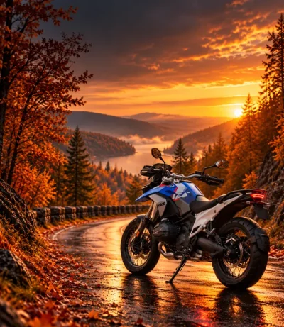 Moto trail aparcada en una carretera de montaña en otoño