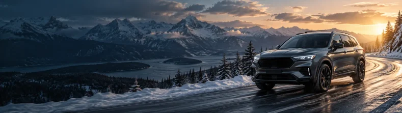 SUV gris oscuro en una carretera de montaña nevada al amanecer, con bosque a un lado