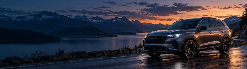SUV oscuro en carretera junto al mar con montañas, bajo un cielo azul con tonos anaranjados