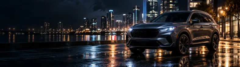 SUV oscuro sobre una calzada mojada con las luces de una ciudad nocturna al fondo