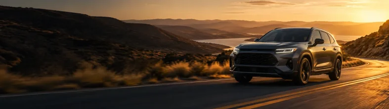 SUV gris en carretera de montaña al atardecer, con el sol dorado en el horizonte