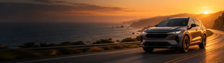 SUV gris oscuro en una carretera costera al atardecer, con el mar y los acantilados a un lado
