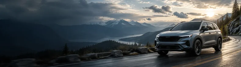 SUV plateado en carretera de montaña con nubes oscuras y un valle al fondo