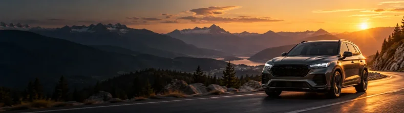 SUV oscuro en carretera de montaña al atardecer, con cordillera y cielo naranja