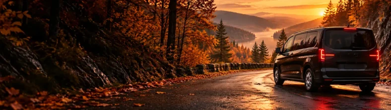 Furgoneta por una carretera de montaña en otoño al atardecer