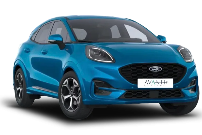 Crossover azul de frente con faros afilados y matrícula de Avanti Renting